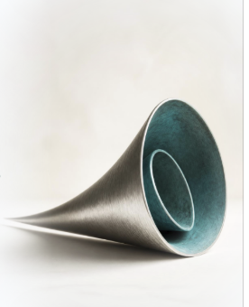 Abstract brushed silver and teal rendering of Gabriel's Horn, a solid of revolution tapering toward an infinite point